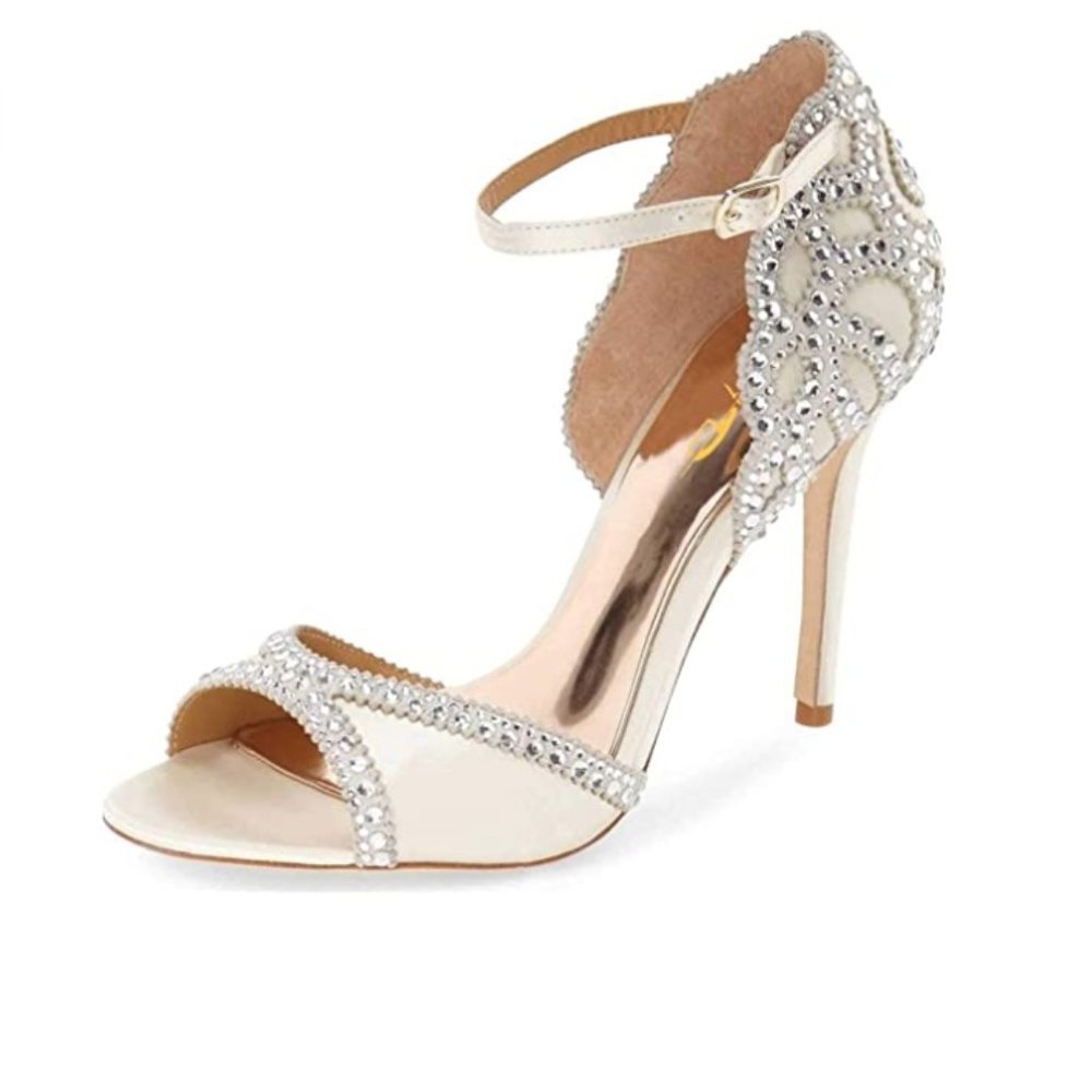 XYD Wedding Sandals Peep Toe Rhinestones Ankle Strap Ladies Heels